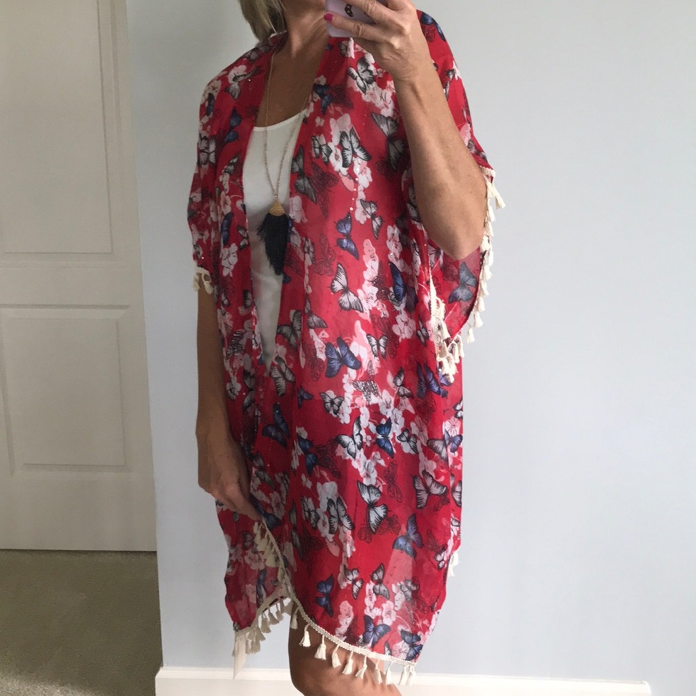 Red, Floral & Butterfly Print Kimono - Picture 3 of 8